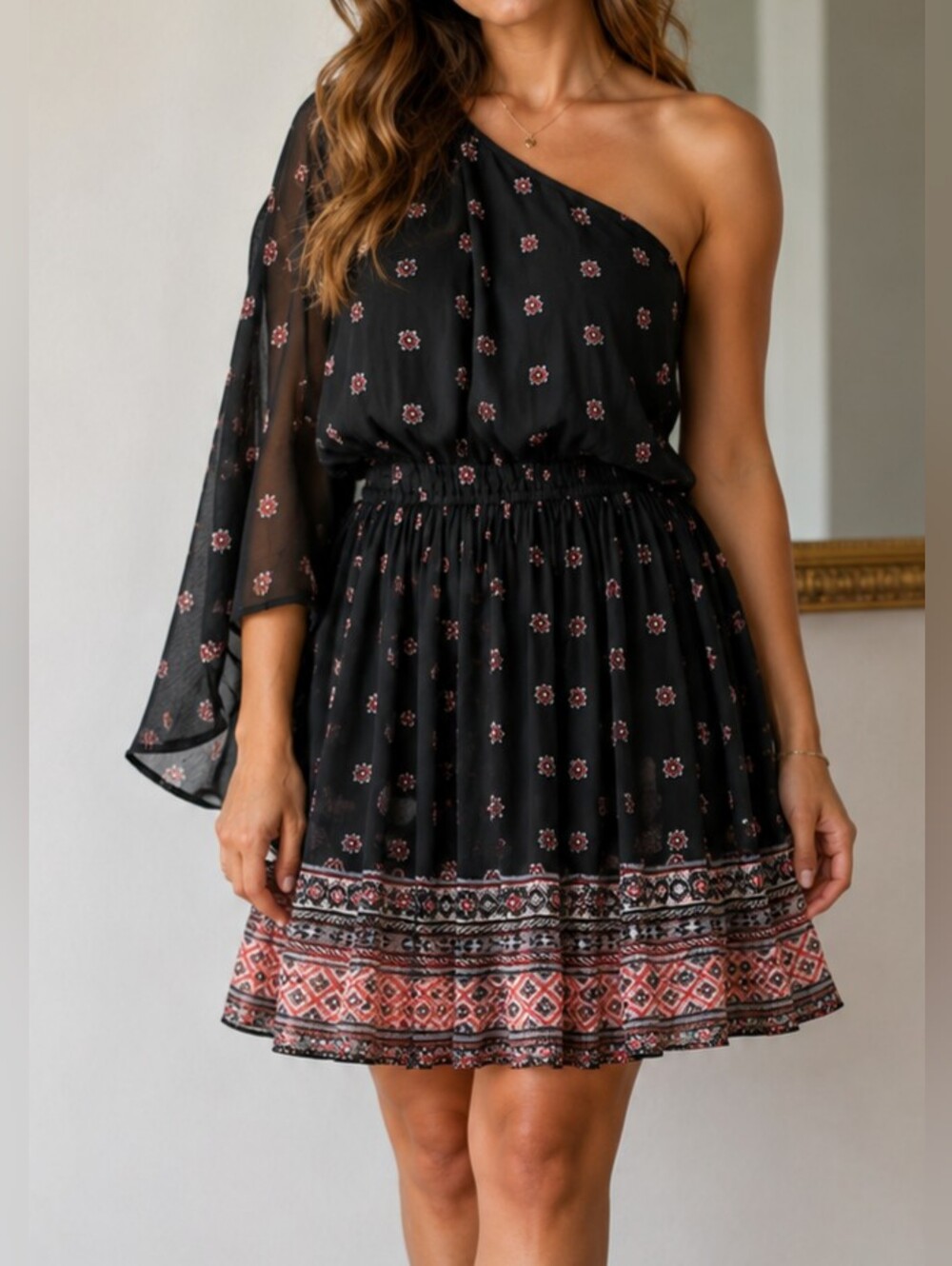 Hollister One-Shoulder Black Dress with Pink Border Print - Picture 1 of 2